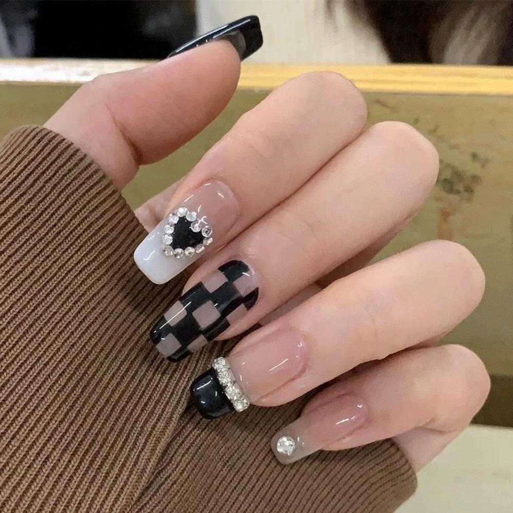 SKHEK Black Checkerboard Long Flat Heart Diamonds Wearable Nails Tips Waterproof Fake Nails Set Press On Nails DIY Manicure 2022 New