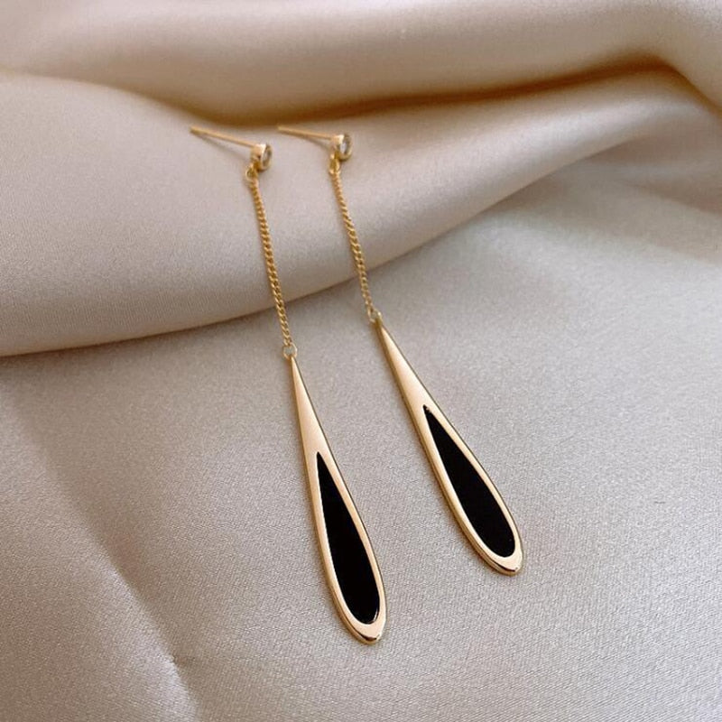 Skhek Fashion Black Drop Tassel Long Earrings For Women Luxury Temperament Plated Metal Dangle Earring Party Jewelry Gift Pendientes