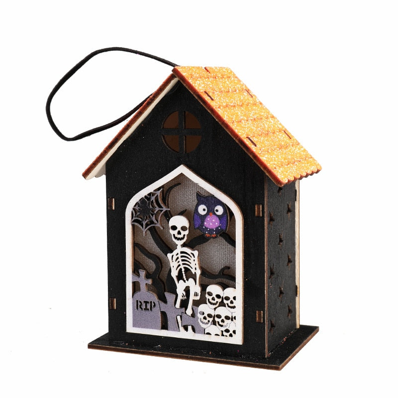 SKHEK Halloween Luminous Cabin Tomb Skeleton Death Black Pumpkin Led Wooden LED Haunted House Happy 2022 Haloween Decor