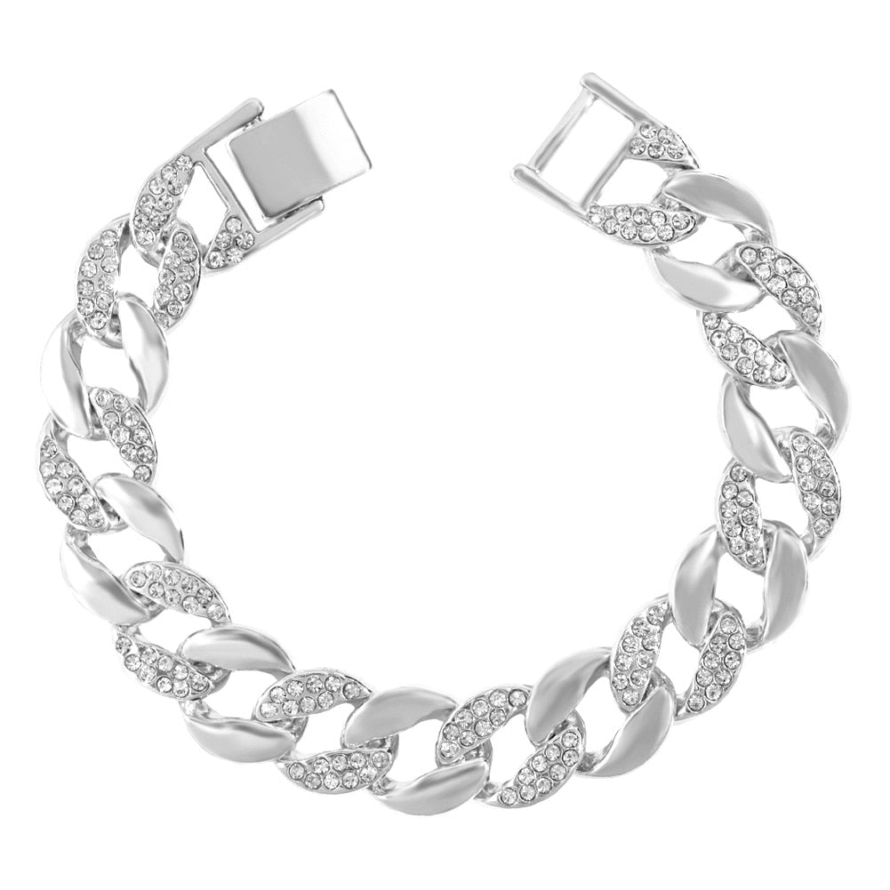 Skhek Hip Hop Iced Out Heart Rhinestones Cuban Chain Bracelet For Women Bling Crystal Link Chain Bracelets On Hand Fashion Jewelry
