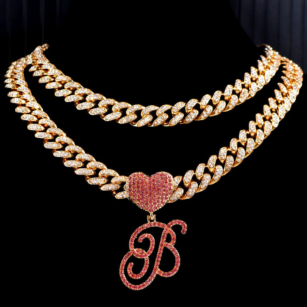Skhek Hip Hop Pink A-Z Cursive Letter Initial Heart Pendant Necklace For Women Bling Iced Out Cuban Zircon Chain Necklace Punk Jewelry