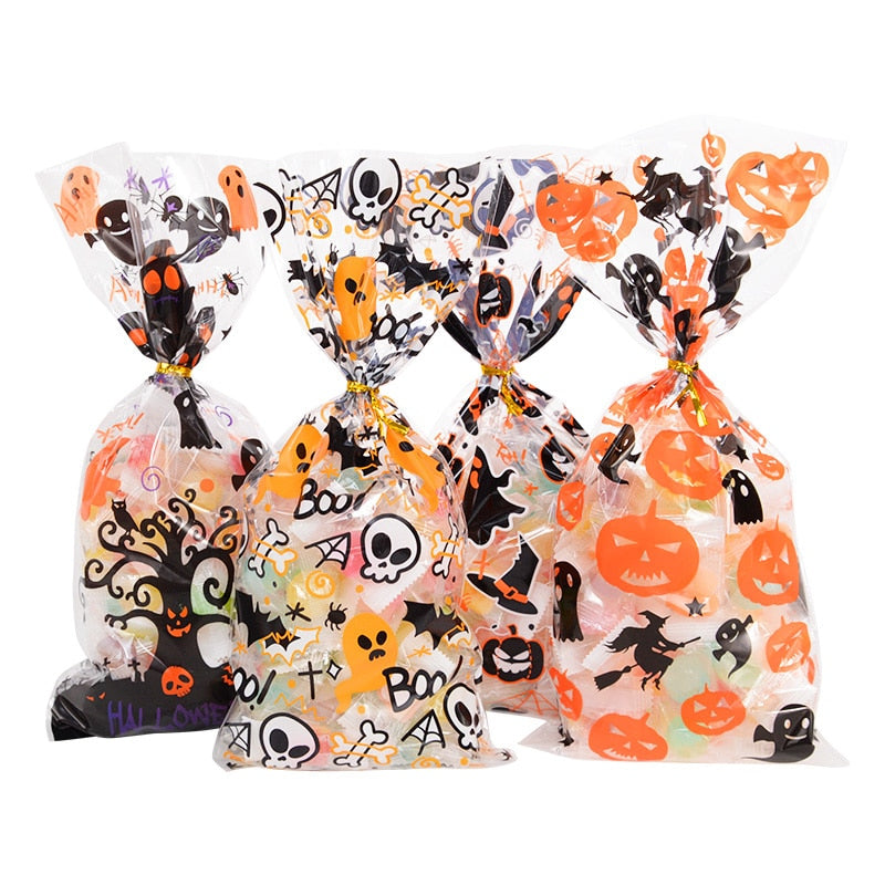 SKHEK Halloween 50Pcs Halloween Plastic Candy Bags With Twists Cookies Snacks Gift Packaging Bag Halloween Party Decor Supplies Trick Or Treat