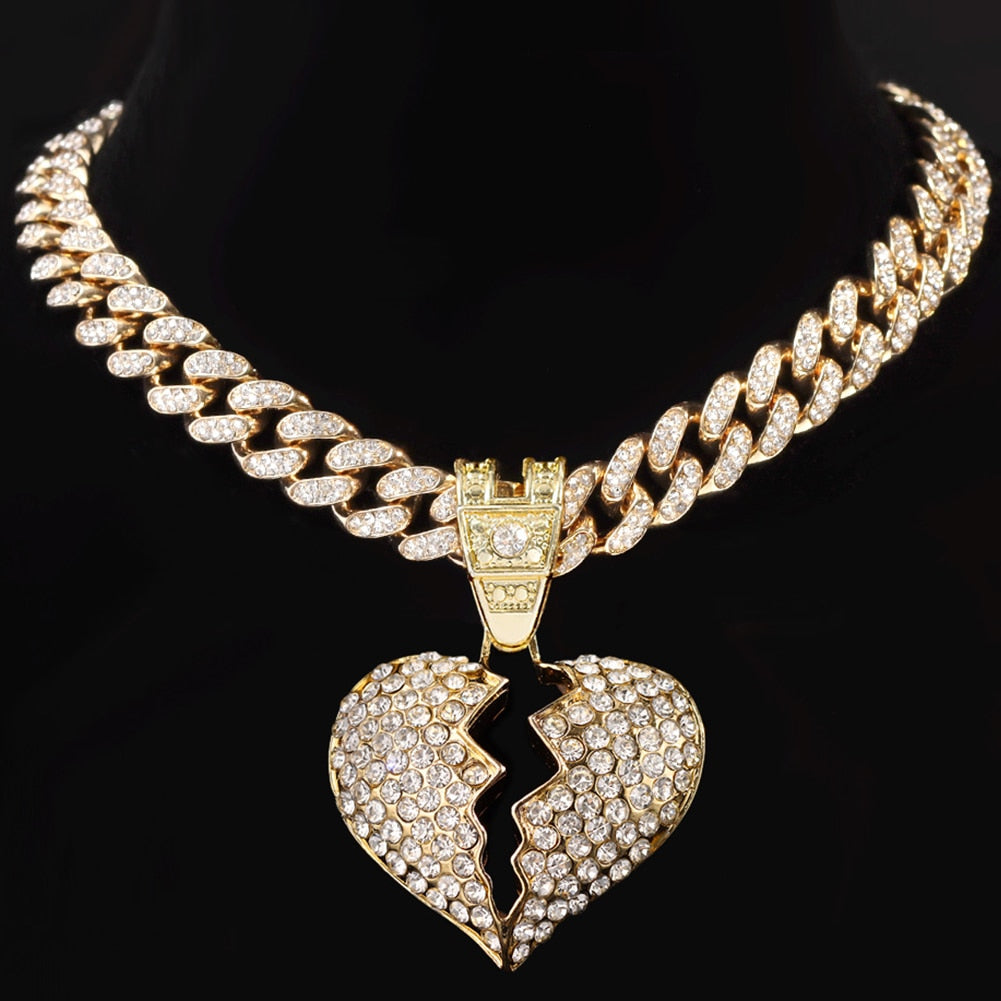 Skhek Fashion Broken Heart Pendant Necklaces Women Men Iced Out Bling Rhinestone Cuban Link Chain Necklace Hip Hop Statement Jewelry