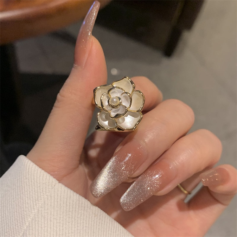 Skhek    New Elegant White Camellia Opening Ring for Woman Fashion Retro Adjustable Flower Ring Party Wedding Jewelry Gift