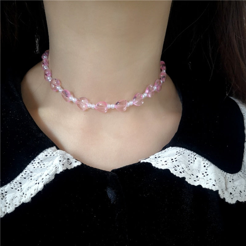 SKHEK Harajuku Cute Goth Pink Heart Pearl Beaded Collares Aesthetic Necklace For Female Egirl Party Y2K EMO Jewelry Accessory Gift