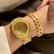Load image into Gallery viewer, Skhek Women Luxury Iced Out Watches Bracelet Set Gold Silver Color Full Rhinestone Cuban Chain Bracelet Wristwatch Relogio Feminino