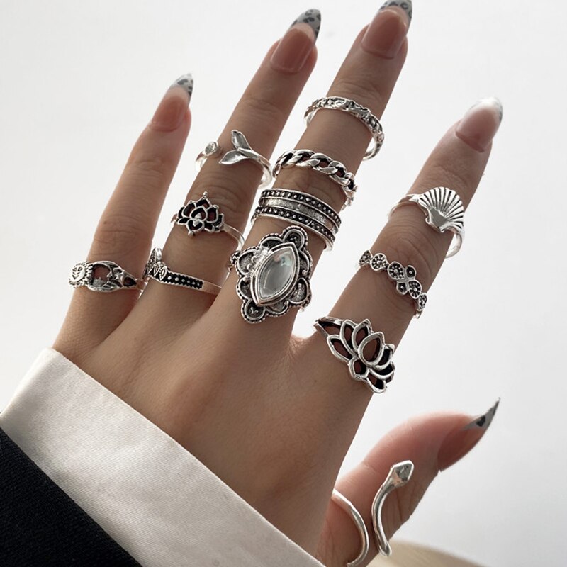 Skhek Bohemia Geometric Silver Color Snake Leaf Rings Set For Women Punk Fashion Letter Heart Finger Rings 25Pcs/Set Party Jewelry