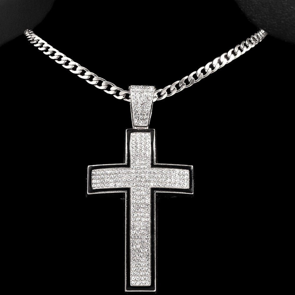 Skhek Punk Luxury Rhinestone Big Cross Pendant Cuban Necklace For Women Hip Hop Iced Out Cuban Link Chain Necklace Rapper Men Jewelry