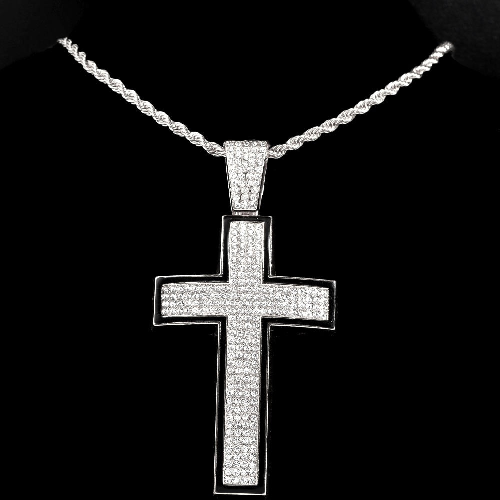 Skhek Punk Luxury Rhinestone Big Cross Pendant Cuban Necklace For Women Hip Hop Iced Out Cuban Link Chain Necklace Rapper Men Jewelry
