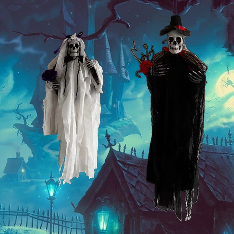 SKHEK Halloween Black And White Hanging Skull Hanging Ghost Death Ghost Door Horror Props Halloween Outdoor Garden Decoration