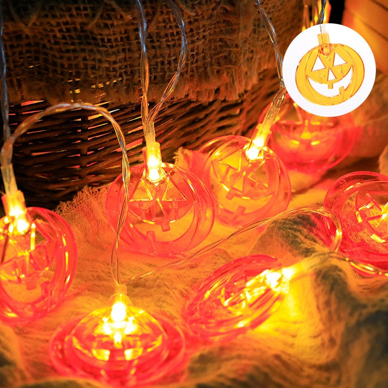 SKHEK 1.5M Halloween Led Skull Lights String Bat Tombstone Ghost Pumpkin Ornaments Tree Halloween Decoration For Home DIY Party Decor