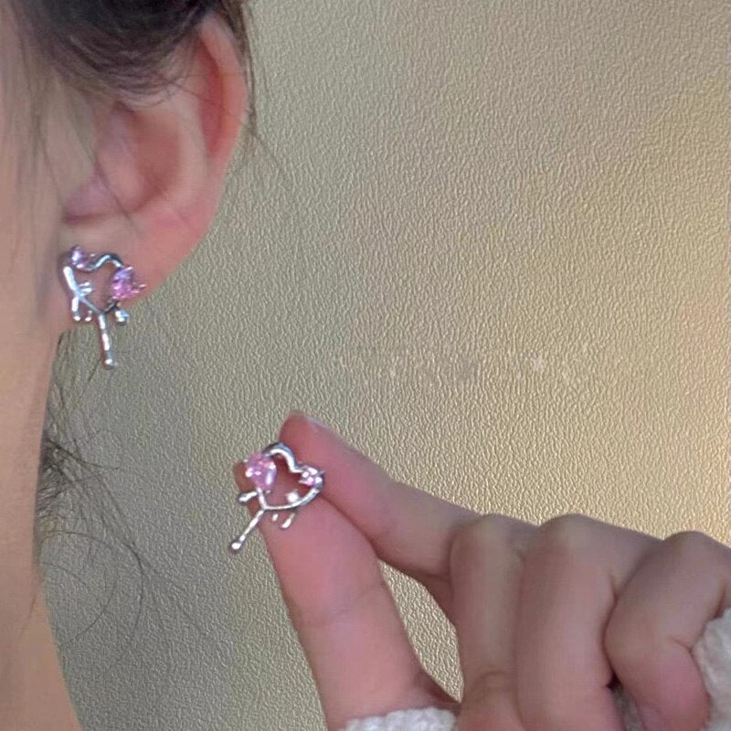 Skhek    Vintage Goth Pink Love Heart Hollow Metal Stud Earrings For Women Egirl Bff Trendy Party Aesthetic Jewelry Accessories