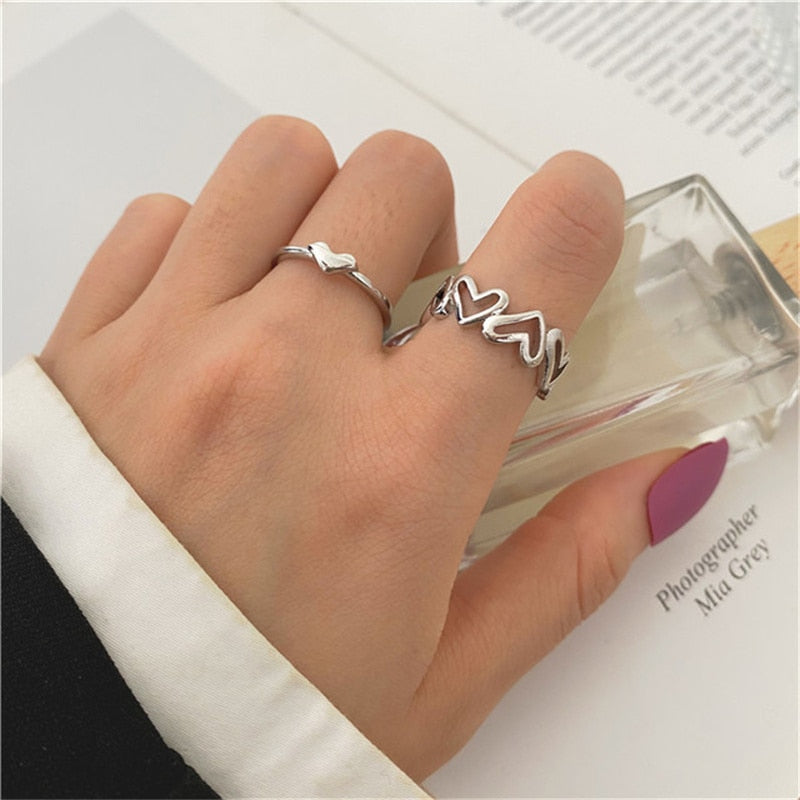 Skhek Fashion Gold Color Heart Women's Rings Set Korean Hollow Love Couple Rings Simple Finger Rings For Women Hip Hop Party Jewelry