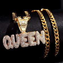 Load image into Gallery viewer, Skhek Men Women Hip Hop KING QUEEN Letter Pendant Necklace Iced Out Crystal Miami Cuban Link Chain Necklace Choker Hip Hop Jewelry