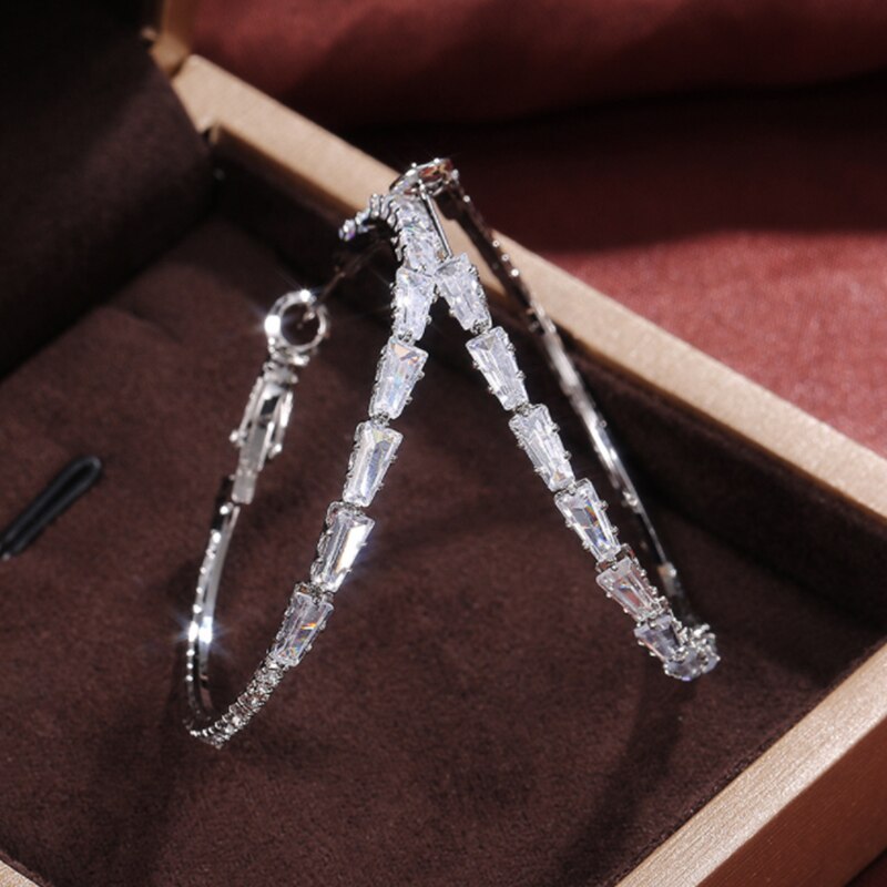 Skhek Luxury Zircon Big Hoop Earrings Silver Plated Micro Paved CZ Crystal Earrings for Party Korean Fashion Jewelry