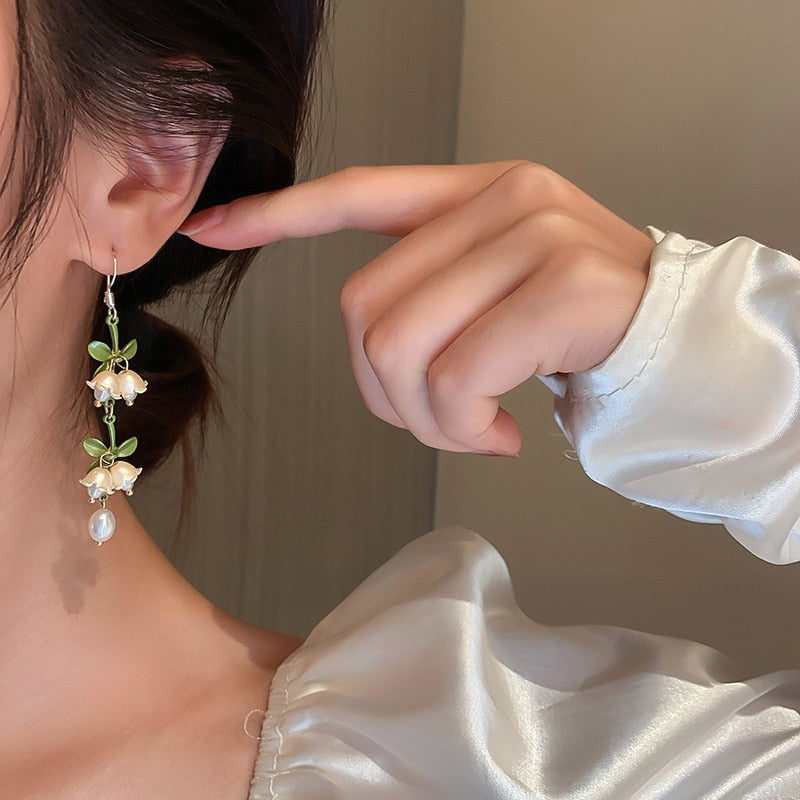 Skhek  fashion inspo   New Design Lily of The Valley Pearl Green Ear Hook for Women Fashion Elegant White Flowers Drop Earrings Wedding Party Jewelry