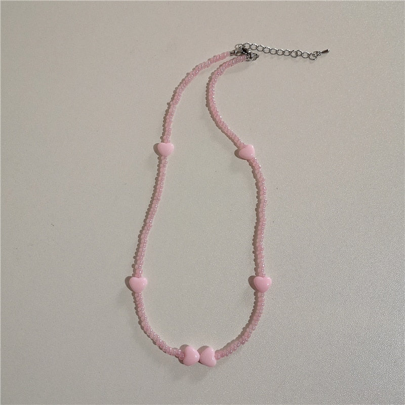SKHEK 2022 Cute Goth Y2K Transparency Heart Flower Bear Pendant Neon Resin Pearl Beaded Choker Necklace For Women 90S Vintage Jewelry
