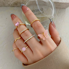 Load image into Gallery viewer, Skhek Boho Pink Butterfly Heart Wave Ring Set For Women Vintage Metal Gold Color Rhinestone Finger Rings 8Pcs/Set Party Jewelry Gifts
