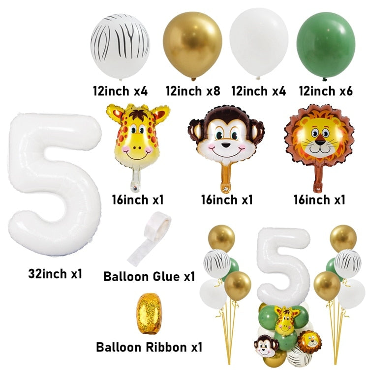 Skhek  Jungle Animal Balloon Gold Number Globos Safari Birthday Party Decoration Kids Baby Shower Baloon 1St Birthday Party Decor