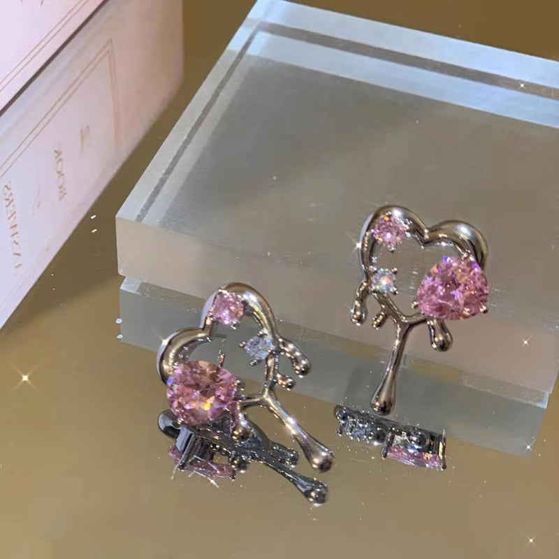 Skhek    Vintage Goth Pink Love Heart Hollow Metal Stud Earrings For Women Egirl Bff Trendy Party Aesthetic Jewelry Accessories