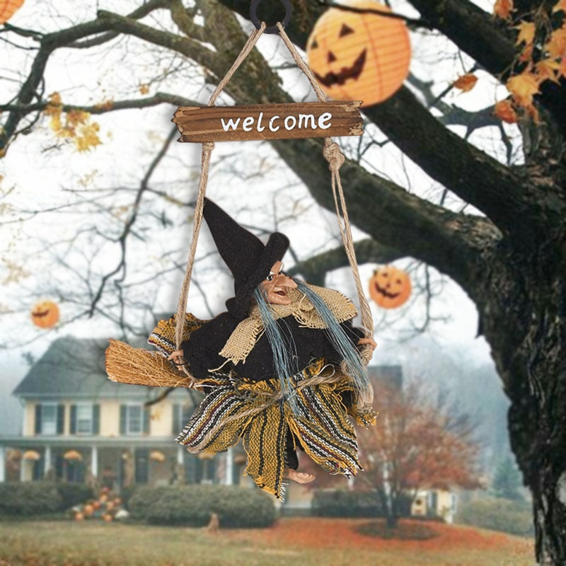 SKHEK Halloween Halloween Horror Witch Doll Hanging Ornaments Flying Witch With Broom Pendant Halloween Party Decoration For Home DIY Wreath