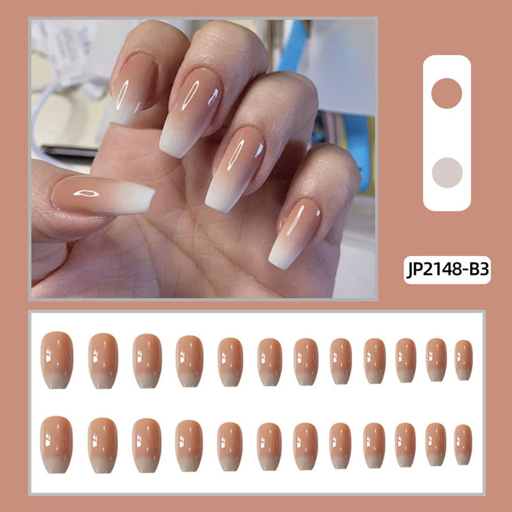 SKHEK Halloween 24Pcs Warm Brown Gradient French Ballet Fake Nails Female Singer Wearable Nails Set Press On Nails With Press Glue