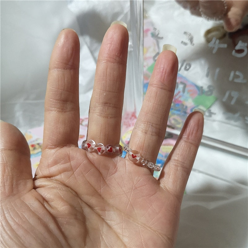 SKHEK 2022 Kpop Cute Goth Purple Transparent Bear Heart Resin Acrylic Bead Rings Set For Women Egirl BFF Y2K Finger Aesthetic Jewelry