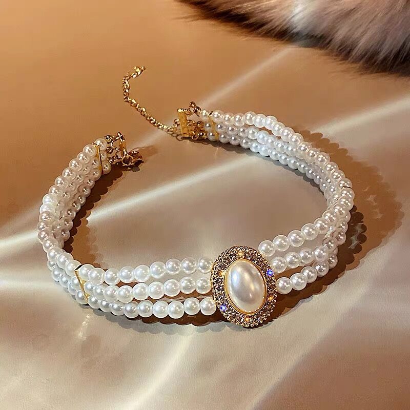 Skhek Luxury Baroque Three Layer Pearl Collar Choker Vintage Big Oval Crystal Clavicle Necklaces for Women Wedding Party Jewelry
