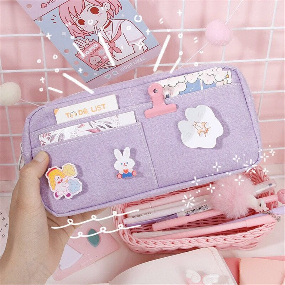 Skhek Back to School Kawaii Pencil Case Candy Color Pencil Bag With Badges Large Capacity Pen Case Canvas Stationery Holder Organizer Back To School