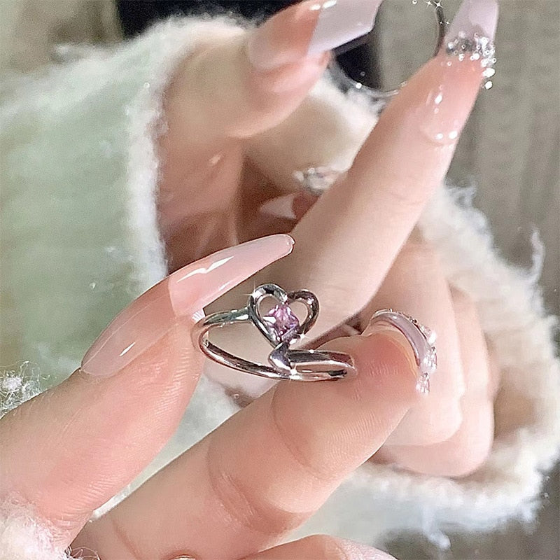 Skhek   Kpop Pink Zircon Heart Open Ring for Women Girls Luxury Blue Opal Heart Couple Finger Rings Wedding Y2K Jewelry