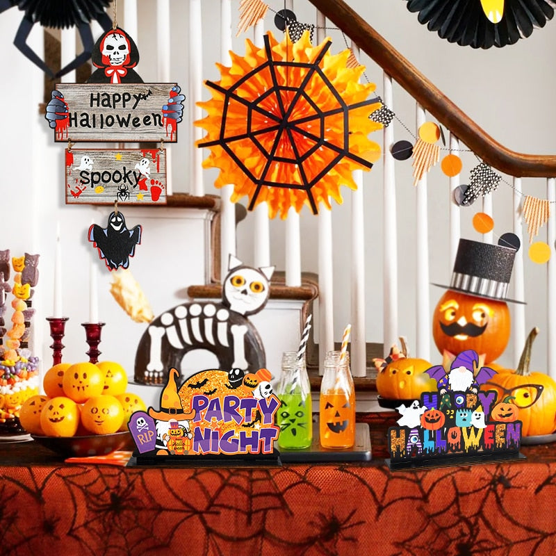 SKHEK Halloween Halloween Wooden Ornaments Pumpkin Ghost Trick Or Treat Pendants Halloween Party Decoration For Home Door Hanging Signs Kids Toy