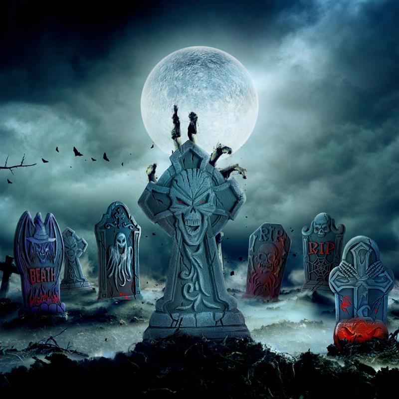 SKHEK 6PCS Halloween Graveyard Tombstone Headstones With Different Styles Metal Stakes For Halloween Cemetery Yard Indoor Outdoor