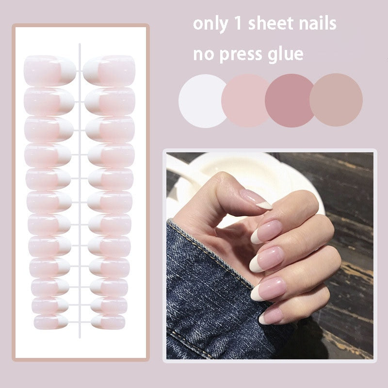 SKHEK Halloween 24Pcs New White French Manicure With Water Drop Nail Pearls Fake Nails Set Press On With Press Glue Free Shipping Faux Ongles