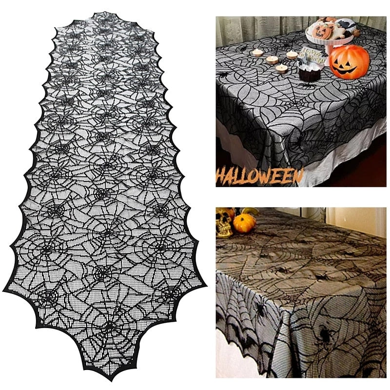 SKHEK Halloween Halloween Bat Table Runner Black Spider Web Lace Tablecloth Fireplace Curtain For Halloween Party Home Decoration Horror Props