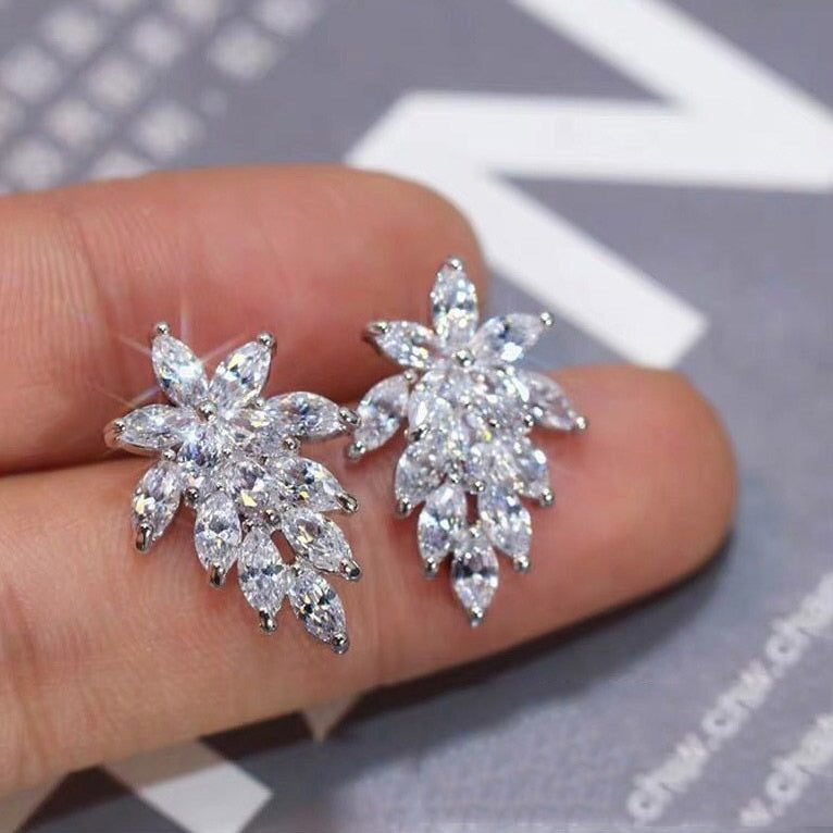 Skhek Shiny Marquise Leaf Cubic Zirconia CZ Crystal Stud Earrings for Women Silver Plated Wedding Engagement Eternal Promise Jewelry