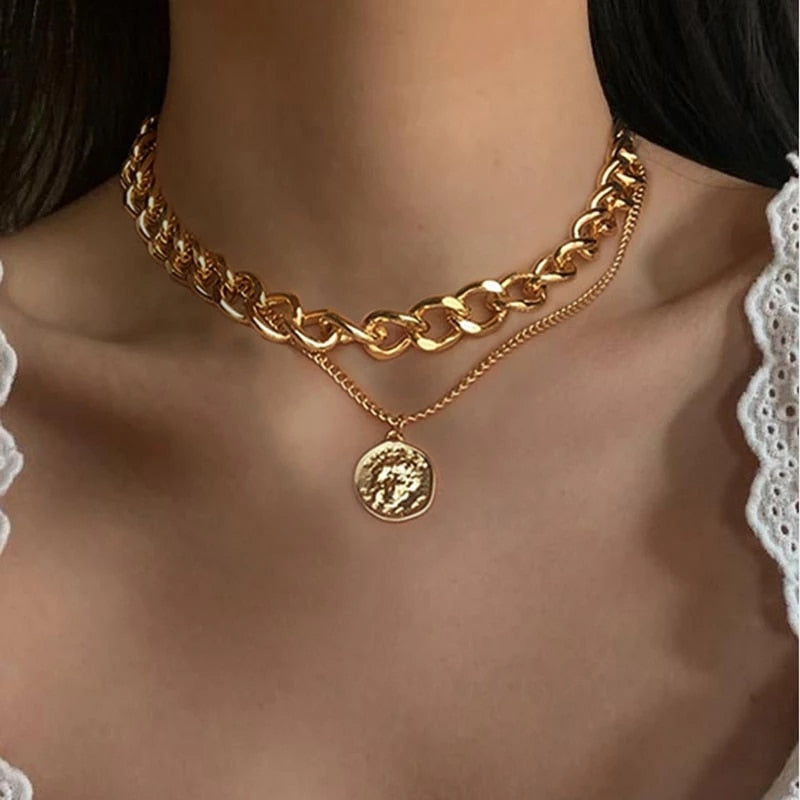 Skhek  Vintage Multi Layered Lock Portrait Pearl Round Coin Pendants Necklaces For Women Bohemia Gold Key Heart Long  Jewelry