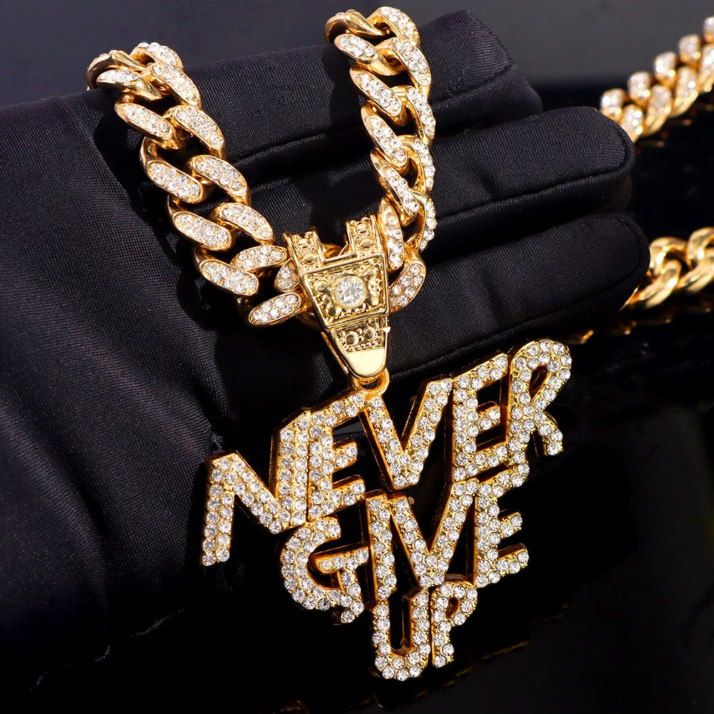 Skhek Punk Iced Out Crystal NEVER GIVE UP Letter Pendant Necklace For Women Men Miami Chunky Cuban Link Chain Necklace Hip Hop Jewelry