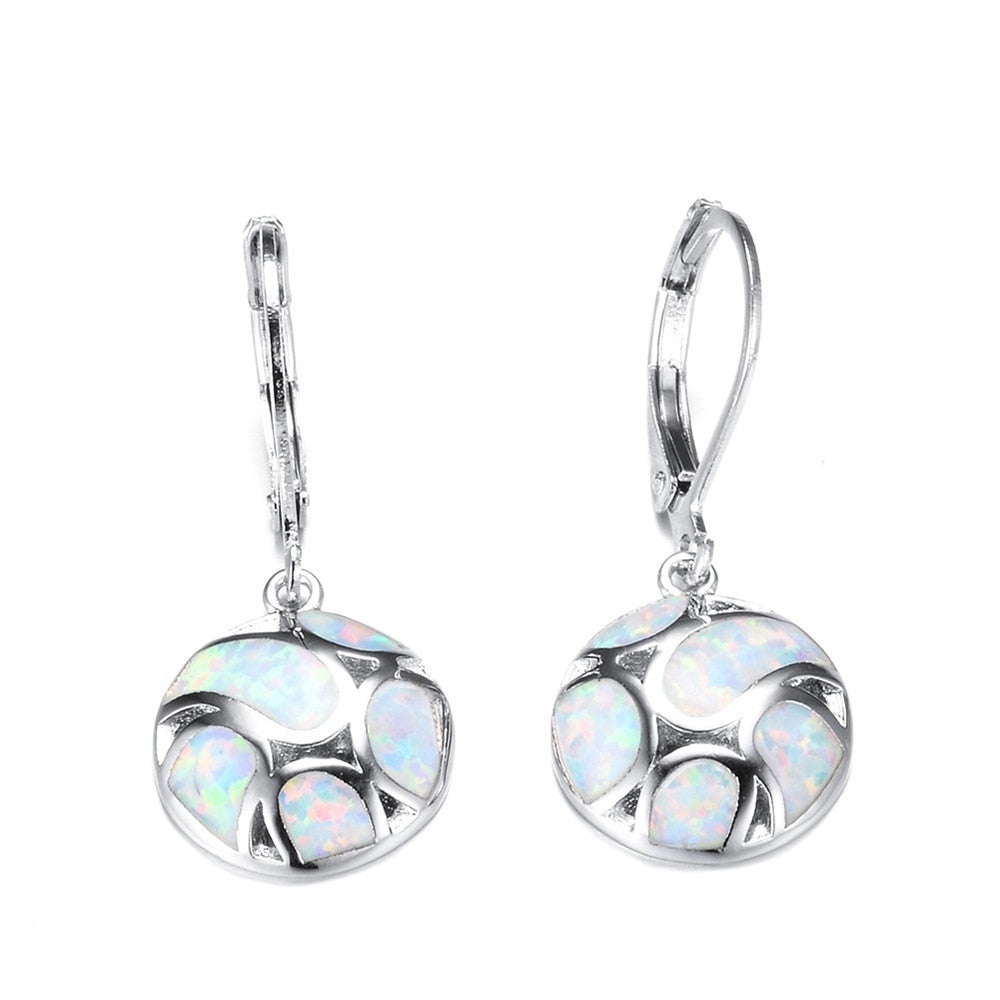 Skhek 2023 Bohemian Jewelry Blue/White Imitation Fire Opal Long Dangle Earrings For Women Cute Round Geometric Pendant Hoop Earrings