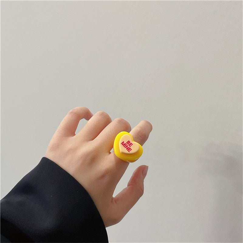 SKHEK New Hot Korean Cute Aesthetic Heart Love Letters Resin Rings For Women Egirl Party Harajuku Y2K EMO Jewelry Gifts Accessories