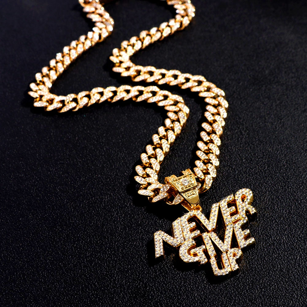 Skhek Punk Iced Out Crystal NEVER GIVE UP Letter Pendant Necklace For Women Men Miami Chunky Cuban Link Chain Necklace Hip Hop Jewelry