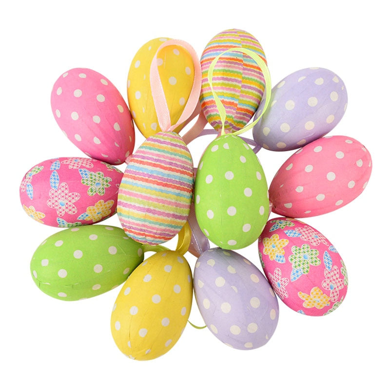 12pcs Foam Easter Eggs Happy Easter Party Decorations for Home Colorful Bunny Bird Egg Hanging Ornament DIY Craft Kids Gifts Toy