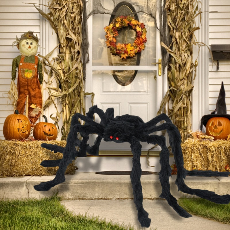 SKHEK Halloween 30/50Cm/75Cm/90Cm Big Black Plush Spider Halloween Party Decorations For Home Bar Haunted House Horror Props Spider Web Kids Toy
