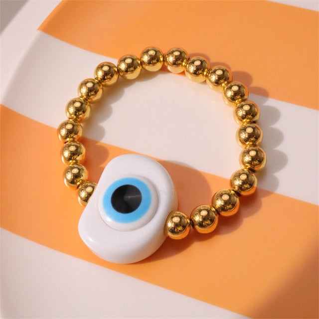 Skhek Vintage Geometric Resin Eyes Metal Lock Pendant Bracelets Retro Beaded Bracelet Women Girl Trendy Jewelry 2022