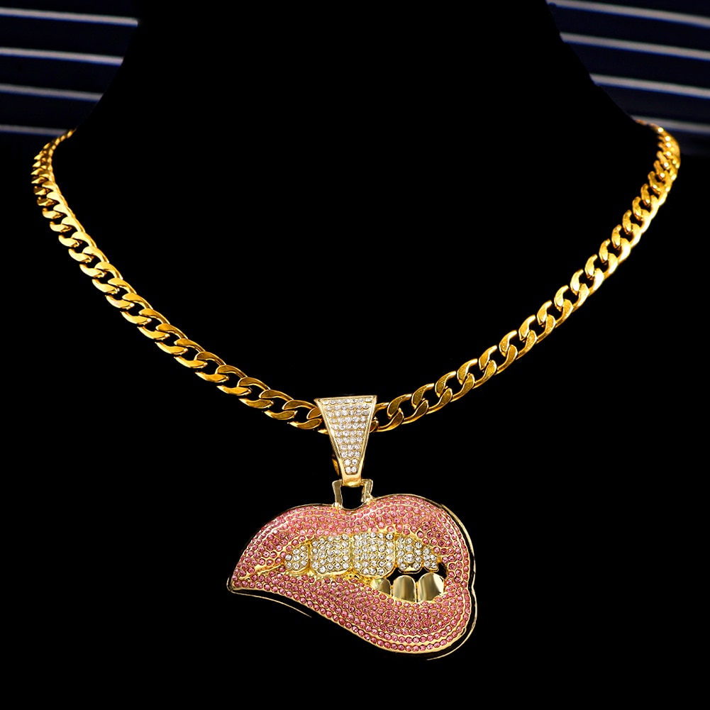 Skhek Hip Hop Bite Lip Shape Full Rhinestones Cuban Chain Necklace For Men Women Iced Out Zircon Tennis Chain Necklace Punk Jewelry