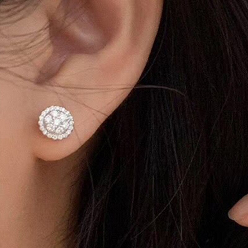 Skhek Round Shaped Small Stud Earrings for Women Full White Cubic Zirconia Korean Earring Bride Wedding Jewelry Wholesale
