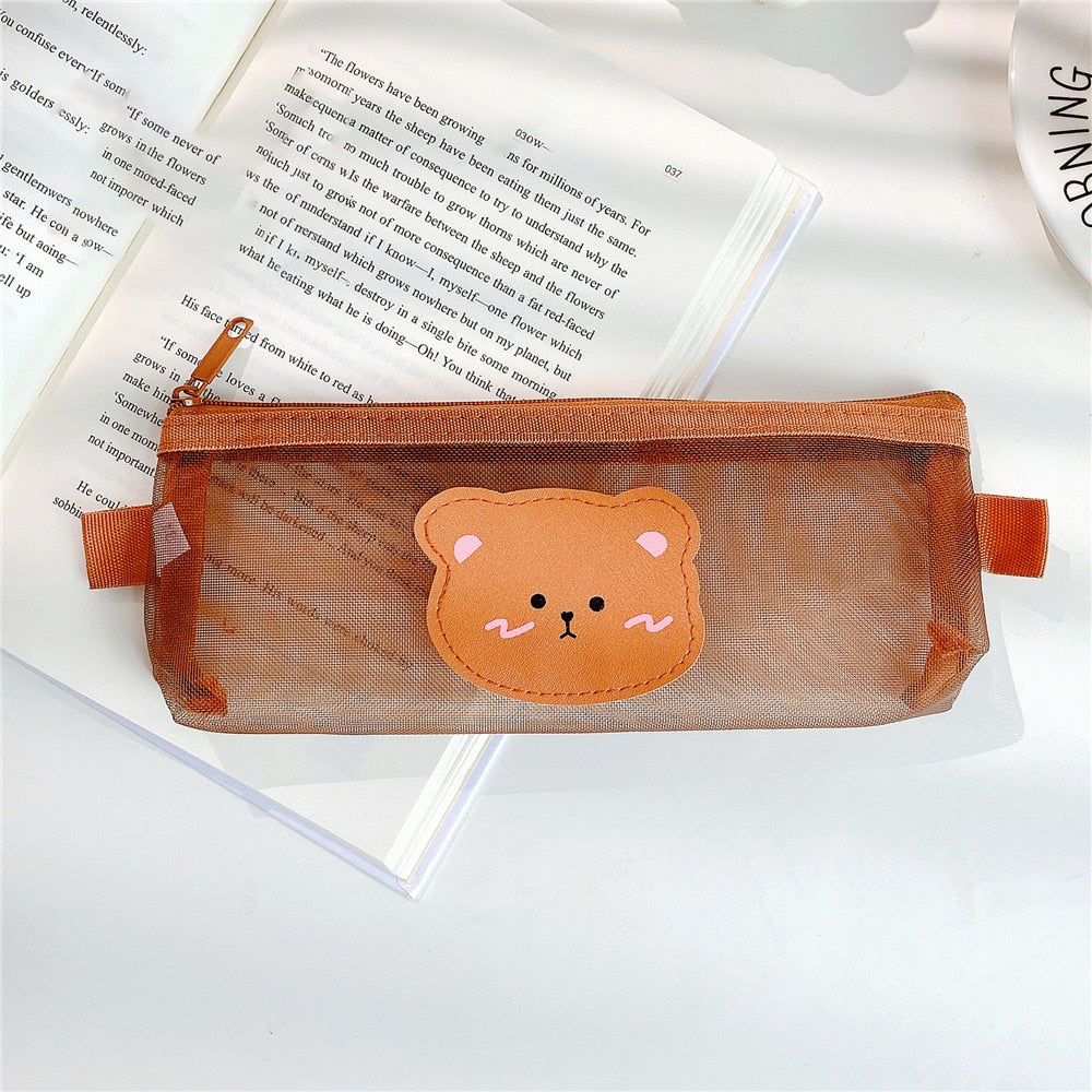 Skhek Back to School Cute Bear Transparent Mesh Pencil Case Ins Portable Toiletry Makeup Pencil Bag Stationery Gift School Pencil Box Crafts Supplies