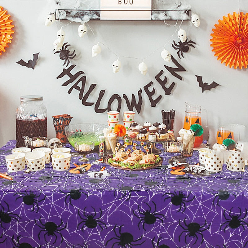 SKHEK Halloween Halloween Decoration Tablecloth Pumpkin Spider Web Bat Plastic Table Cover Festival Party Home Table Decoration Supplies
