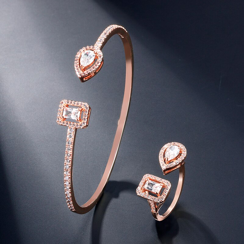 Skhek Luxury Geometric Square Earrings Necklace Rings Bracelets Shiny Cubic Zirconia Crystal Fashion Jewelry Set For Women Party Gift