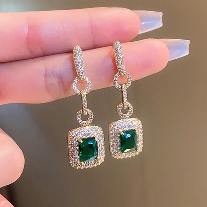 Skhek Trendy Green Crystal Cubic Zirconia Long Earrings Gold Plated Geometric Square Dangle Drop Earrings for Women Party Jewelry