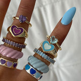 Skhek Korean Style Blue Purple Rings For Women Punk Trendy Vintage Heart Ring Small Daisy Flower Rings Party Couple Rings